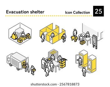 Set illustrations of life in a shelter