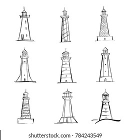 Set of illustrations of lighthouses