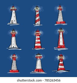 A set of illustrations of lighthouses.