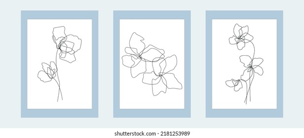 Conjunto de ilustraciones. Líneas de flores en negro. Flores silvestres ideales para decorar paredes, carteles y tapices.