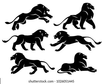 Set of illustrations lions in profile. Stylized vector set on white background.
