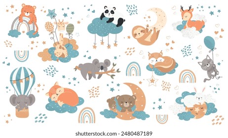 Conjunto de ilustraciones con pequeños animales durmiendo en las nubes, en la luna entre las estrellas. Habitantes exóticos y forestales para niños. Vector