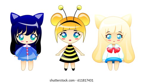 Set of illustrations of little girls in cartoon style