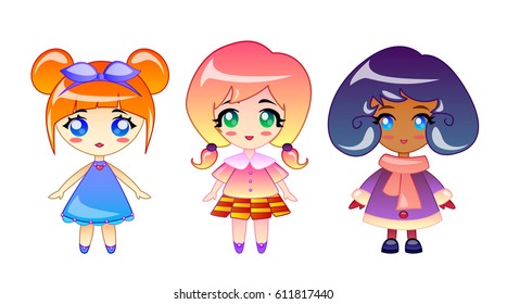 Set of illustrations of little girls in cartoon style