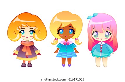 Set of illustrations of little girls in cartoon style