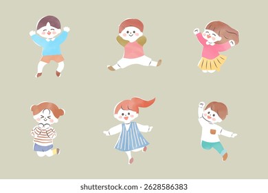 A set of illustrations of lively children in a Nordic watercolor style
