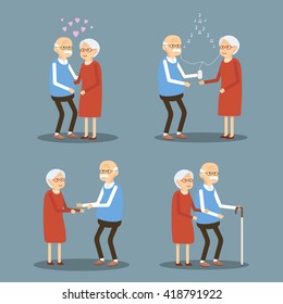 Set of illustrations from the lives of retired people. Seniors couple lifestyle. Old woman and man walking, hugging, listening to music on smartphone, love
