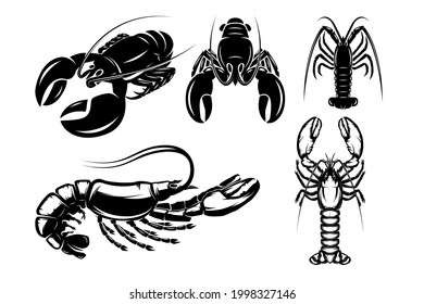 Set of Illustrations of lobster, crawfish in monochrome style. Design element for logo, label, sign, emblem, poster. Vector illustration