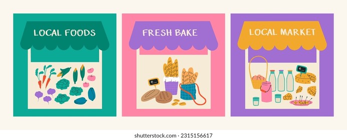 Set of illustrations of the local market. Fair of homemade products. Vegetables and fruits, fresh baked goods, dairy and eggs. Tents for trade in the market.