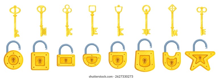 Set of illustrations of locks of different shapes in yellow color along with keys. Square, round, semicircular, rectangular illustrations of locks with keys for them.