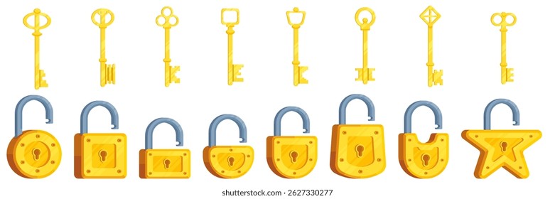 Set of illustrations of locks of different shapes in yellow color along with keys. Square, round, semicircular, rectangular illustrations of locks with keys for them.