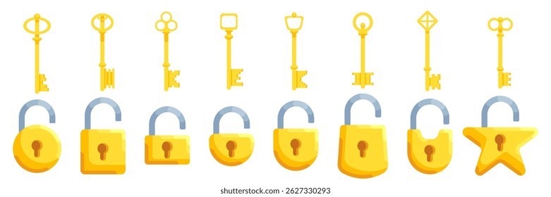 Set of illustrations of locks of different shapes in yellow color along with keys. Square, round, semicircular, rectangular illustrations of locks with keys for them.