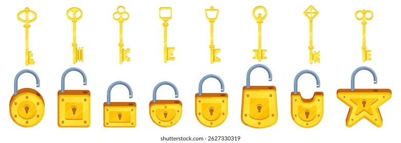 Set of illustrations of locks of different shapes in yellow color along with keys. Square, round, semicircular, rectangular illustrations of locks with keys for them.