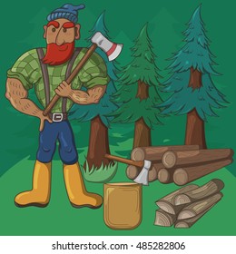 set of illustrations with a lumberjack, ax and logs