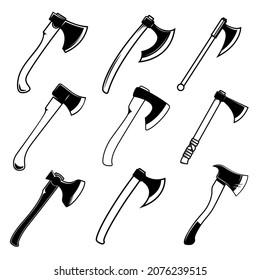 Set of illustrations of lumberjack axe in vintage monochrome style. Design element for logo, label, sign, emblem, poster. Vector illustration