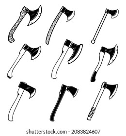 Set von Illustrationen von lumberjack ax in vintage monochrome Stil. Design-Element für Logo, Label, Zeichen, Emblem, Poster. Vektorgrafik