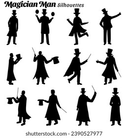 Set of illustrations of magician silhouettes