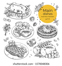 set of illustrations with main dishes for menu design. meat dishes. hand drawn vector illustration. sketches