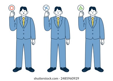 Set of illustrations of a male businessperson holding a round triangular answer sheet in his hand