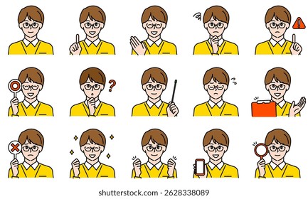 A set of illustrations of a male caregiver wearing a shirt that expresses emotions through facial expressions and poses.