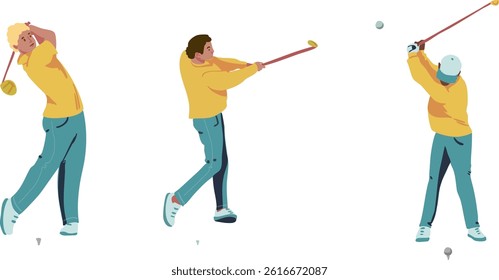 Set of illustrations of Male golfers making a shot. Vector illustration.