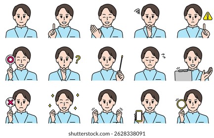 A set of illustrations of a male nurse wearing a white coat expressing emotions through his facial expressions and poses.