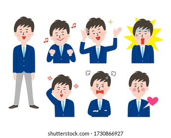 Conjunto de ilustraciones de estudiantes masculinos posando con diversas expresiones faciales