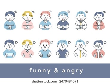 set of illustrations of male upper body angry or laughing
