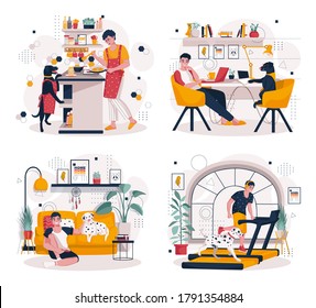 A set of illustrations of a man with a dog at home. 
Cooking, sports, games, work - together with your favorite pet.