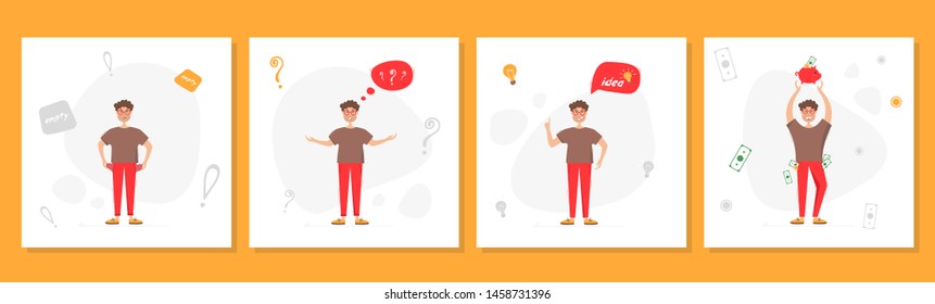 Set of illustrations of a man with an empty pocket, at a loss, with an idea, with money. Saving and investing money concept. Vector illustration on white background