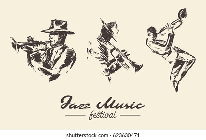 Set Of Illustrations Of A Man Playing The Trumpet, Vintage Hand Drawn Sketch