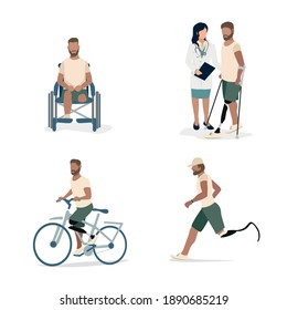 Set of illustrations of a man with a prosthetic leg. A disabled man in a wheelchair after amputation, with a doctor learns to walk on a prosthesis, rides a bicycle and runs. Rehabilitation and lifesty