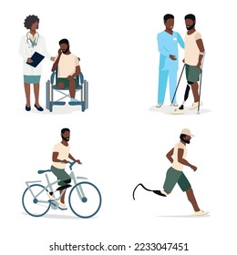 Set of illustrations of a man with a prosthetic leg. A disabled girl in a wheelchair after amputation, with a doctor learns to walk on a prosthesis, rides a bicycle and runs. Vector illustration