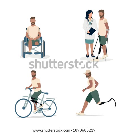 Set of illustrations of a man with a prosthetic leg. A disabled man in a wheelchair after amputation, with a doctor learns to walk on a prosthesis, rides a bicycle and runs. Rehabilitation and lifesty