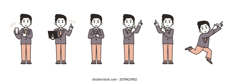 A set of illustrations of a man in a suit. Smartphones, laptops and pointing. Vector illustration on white background.