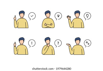 Set of illustrations of a man in various poses and a balloon showing his emotions
