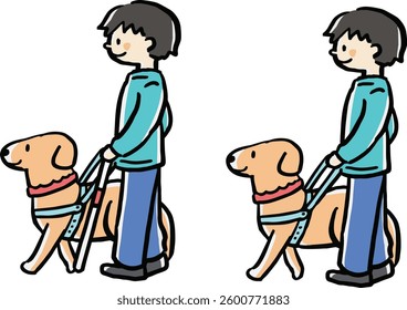 A set of illustrations of a man walking with a guide dog (with and without a white cane).