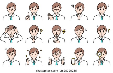 A set of illustrations of a man wearing a business suit expressing her emotions through her facial expressions and poses.