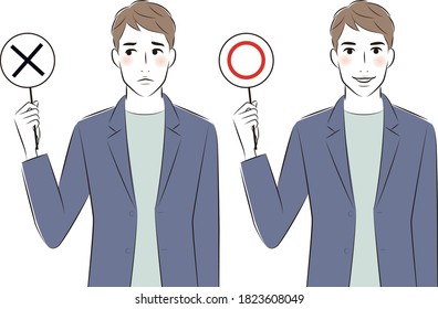 Set of illustrations of man wearing jacket showing right or wrong