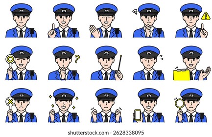 A set of illustrations of a man wearing a police uniform expressing emotions through his facial expressions and poses.