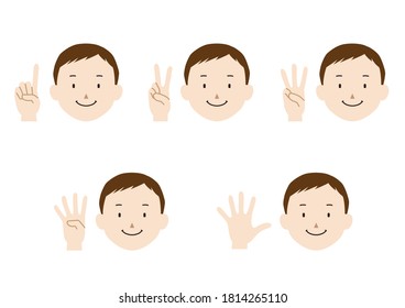 Set of illustrations of man who expressing the numbers 1 to 5 with hand signs