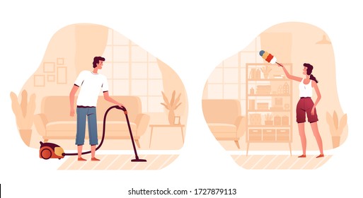 Set of illustrations man and woman are cleaning the house. People vacuum and wipe the dust