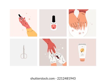 A set of illustrations with manicure, varnishes, as well as manicure tools. Concepts for a beauty salon. vector illustrations