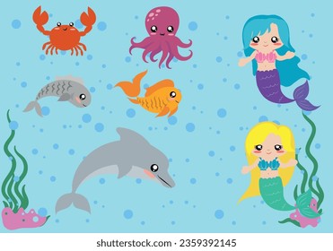 set of illustrations of marine animals and two beautiful mermaids