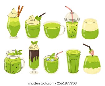 Set illustrations matcha drinks. Cold and hot beverages. Coffee, green tea, smoothie, cocktail in flat style on white background.