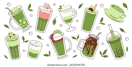 Set illustrations matcha drinks. Cold and hot beverages. Coffee, green tea, smoothie, cocktail in flat style on white background