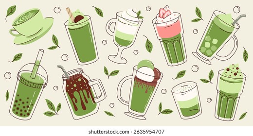 Set illustrations matcha drinks. Cold and hot beverages. Coffee, green tea, smoothie, cocktail in flat style on white background