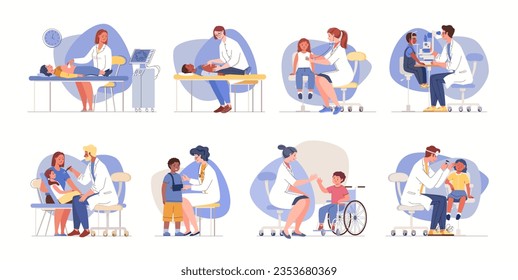 Set of illustrations of medical diagnostics. Examinations of children by neurologist, ophthalmologist, ultrasound, ENT. Pediatrics concept. Vector characters flat cartoon.