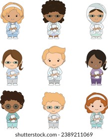 Set Illustrations medical personnel, doctor, nurse, health, medicine. Collection Medical characters. Cute doctors, stomatologs and nurses. Men and women are avatars. Vector flat