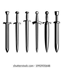 Set of illustrations of medieval swords. Design element for poster, card, banner,emblem, sign. Vector illustration